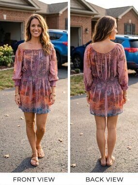 Unity World Wear XL Pink Paisley Boho Mini Dress Floral Peasant Smocked